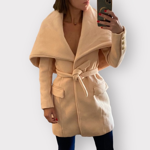 Authentic Balmain runway wool cashmere salmon pink dress cape coat XS 40 - Picture 3 of 12